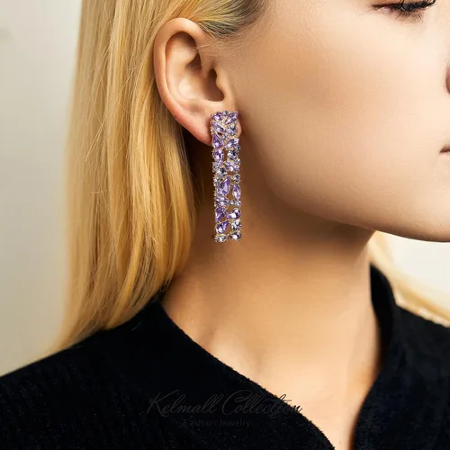 Vista 2 de KELMALL - Aretes colgantes cuadrados con diamantes de imitación y cristales brillantes geométricos para mujer, colección Kemall