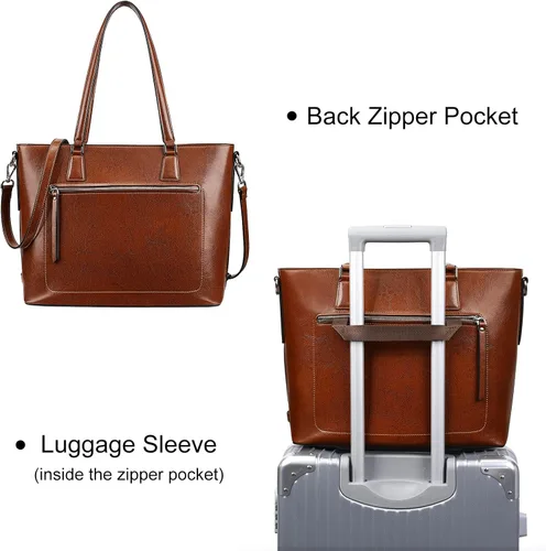 Vista 6 de S-ZONE Bolso de mano de cuero genuino para mujer, maletín vintage, bolso de trabajo, bolso grande de 15.6 pulgadas, L