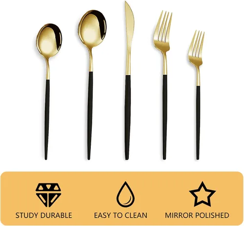 Vista 3 de Kawlity Cubiertos de acero inoxidable duraderos negros y dorados pulidos, cucharas, tenedores, 30 piezas, utensilios de mesa, para cocina