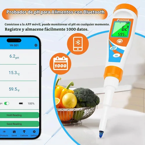 Vista 4 de UIUZMAR Medidor de pH inteligente para alimentos Kit de prueba de pH para masa madre y masa de pan Professional Spear Sensor Food Tester Digital