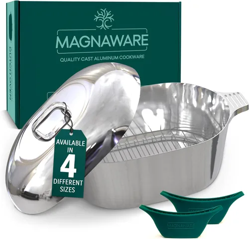 Vista 10 de MAGNAWARE Horno holandés ovalado de aluminio fundido con tapa, sartén resistente de 5 cuartos de galón con estante y cubierta de silicona con asas