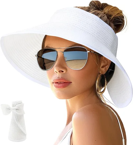 Vista 29 de NPJY Sun Hats for Women Wide Brim Roll-Up Ponytail Packable Straw Visor Blanco