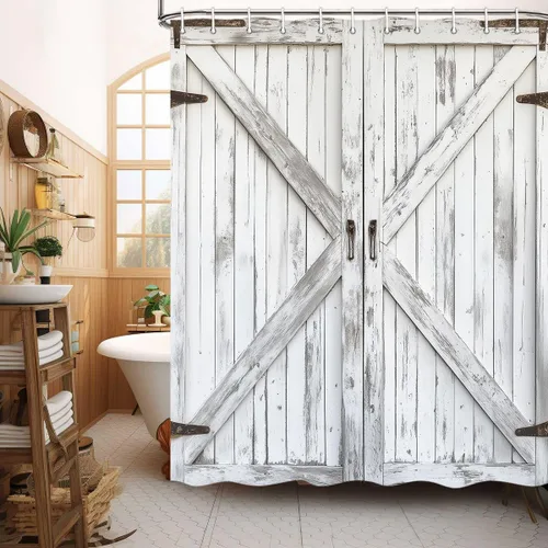 Vista 8 de JAWO Cortina de ducha rústica para puerta de granero, estilo occidental, para baño, tablero de madera marrón, tela impermeable de poliéster