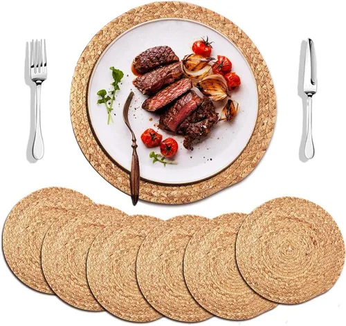 Vista 10 de Juego de 4 manteles individuales tejidos de yute, manteles individuales redondos trenzados, cuerda de yute natural, cargadores de platos grandes