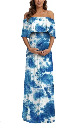 Vista 3 de Vestido largo de maternidad con volantes y hombros descubiertos, vestido largo y fluido para baby showersesión de fotos