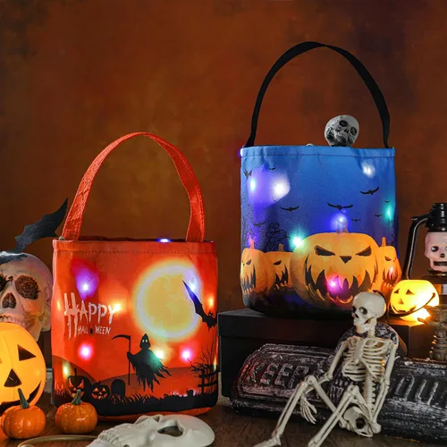 Vista 4 de Teling 6 bolsas de dulces de calabaza con luces LED para Halloween con luces LED para Halloween, bolsa de regalo reutilizable para suministros