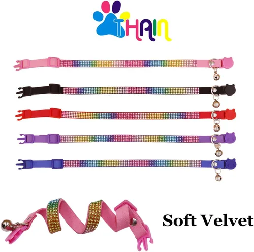 Vista 5 de THAIN Bling cat Collar de gatito Rainbow Rhinestone Breakaway Diamond con campana Terciopelo suave liberación rápida (negro)