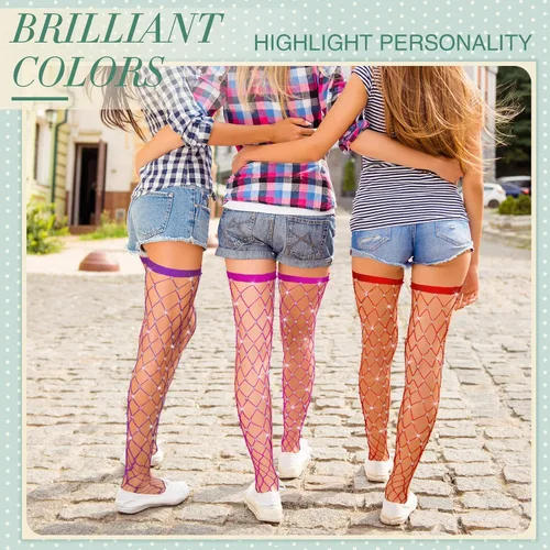 Vista 7 de Vicenpal 3 piezas medias altas de red para mujer, medias elásticas con diamantes de imitación, medias de red de pez, medias