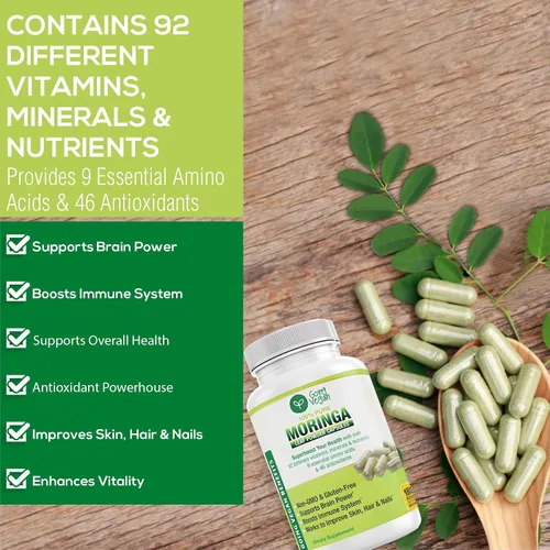 Vista 5 de Cápsulas de Moringa, 180 píldoras veganas de hoja de oleifera pura en polvo, 1200 mg por porción, suplemento sin OMG y sin gluten, suministro de 3