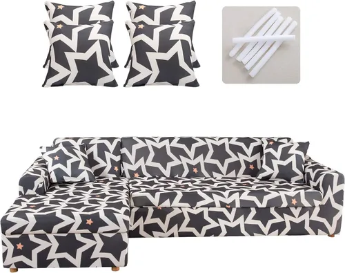 Vista 16 de LiveGo Funda de sofá en forma de L, 2 piezas, elástica y elástica de 3 plazas, protector de muebles con 4 fundas de almohada para sala de estar