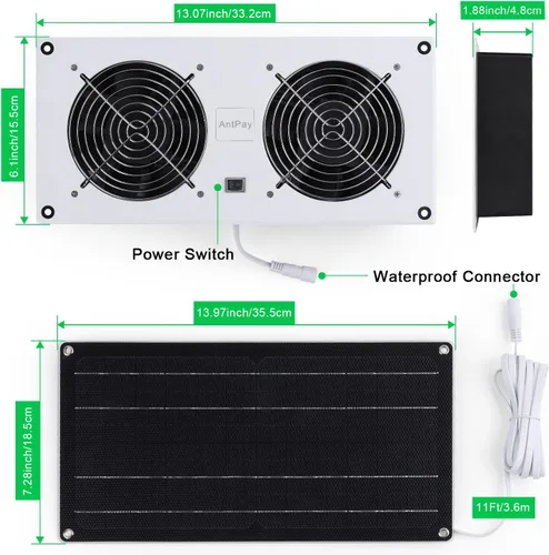 Vista 3 de AntPay Ventilador elevador de panel solar con cable de 11 pies/11.8 ft para espacio de gateo, invernaderos, gallineros pequeños, cobertizos, espacio