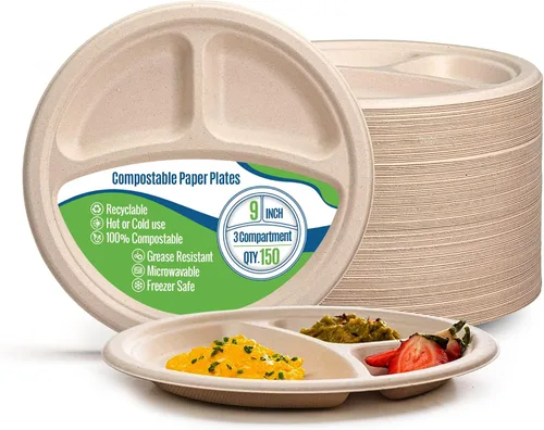 Vista 6 de Platos de papel blanco, 7 pulgadas, 150 unidades, fibra de caña de azúcar de grado alimenticio, compostable y biodegradable, para microondas