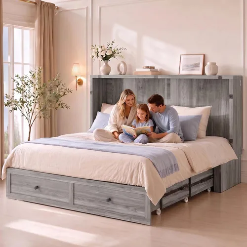 Vista 8 de Mjkone Murphy - Cama de armario con colchón plegable de tres pliegues, tamaño matrimonial, color gris