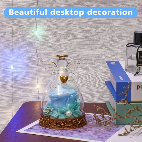 Vista 4 de Figura de ángel de rosa real preservada en vidrio con luz LED, regalos de ángel para mujeres, mamá, abuela en el día de la madre, Navidad, Azul