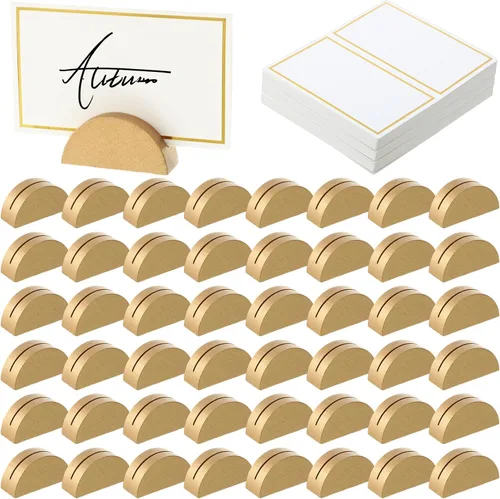 Vista 9 de Maitys 48 soportes de madera para números de mesa de boda, soporte para nombre de mesa de boda, diseño semicircular, tarjeteros con 48 tarjetas