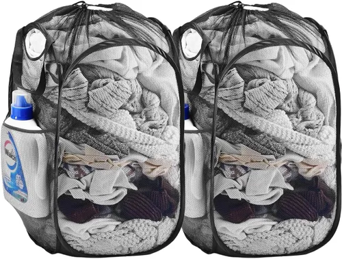 Vista 9 de Cesta de malla desplegable para ropa sucia con asas duraderas - Cesta plegable portátil para dormitorio, baño y viajes (negro)