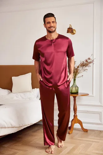Vista 3 de Ekouaer Conjunto de pijama de satén para hombre, de seda, con botones, de 2 piezas, de manga corta, pantalones largos con bolsillos, tallas S-XXL