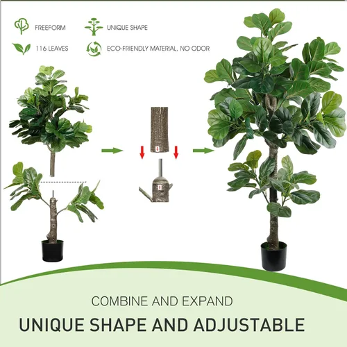Vista 6 de Árbol de higuera artificial de hoja de violín de 5 pies de alto, planta de higuera falsa para interiores, planta de ficus iyrata falsa que incluye