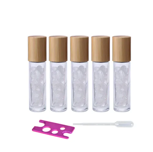Vista 11 de Paquete de 5 botellas transparentes de 0.3 fl oz con chips de cristal de chakra naturales para aceites esenciales, botellas enrollables de vidrio