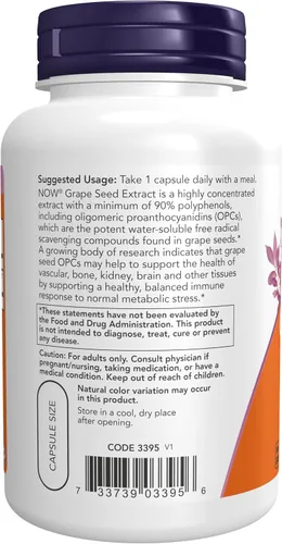 Vista 3 de Now Supplements, extracto de semilla de uva, fuerza máxima 500 mg (un extracto altamente concentrado con un mínimo de 90% de polifenoles), 90