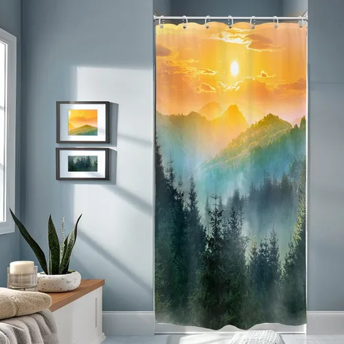 Vista 14 de Riyidecor - Cortina para ducha pequeña de montaña, 36 pulgadas de ancho x 72 pulgadas de alto, para RV, azul marino, con diseño de bosque nebuloso