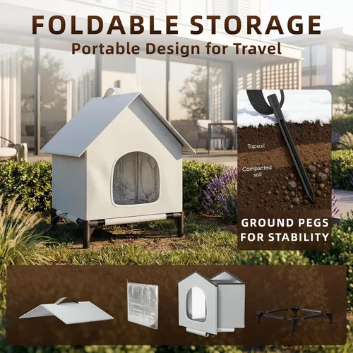 Vista 5 de Casa para gatos para exteriores e interiores, fácil de armar, refugio para gatos con autocalentamiento para invierno, aislado y resistente a