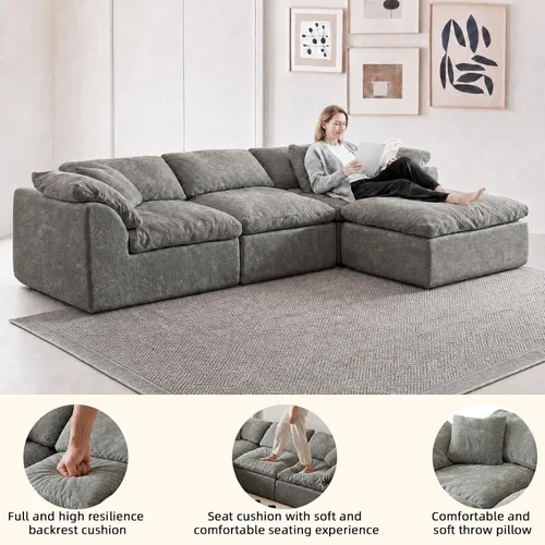 Vista 9 de Sofás modernos de nube de 109 pulgadas para sala de estar, sofá convertible en forma de L de asiento profundo sin huesos con otomana, sofá cómodo