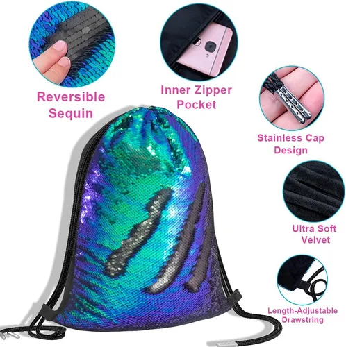Vista 5 de Mermaid Reversible Sequin Drawstring Backpack Christmas Gift Party Bag Headband Keychain Bracelet for Kids Girls Birthday