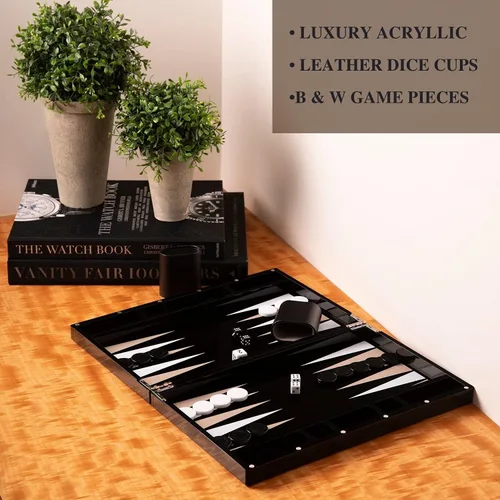 Vista 6 de Bey-Berk Damien - Juego de backgammon de acrílico, estuche de Lucite negro de 14 pulgadas con cierre magnético y piezas de juego completas, elegante