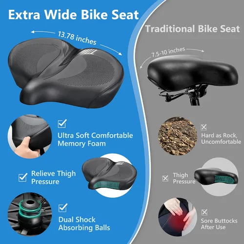 Vista 3 de DAWAY C40 Asiento de bicicleta ultra cómodo de gran tamaño, acolchado de espuma viscoelástica, asiento de bicicleta extra ancho, cojín ergonómico