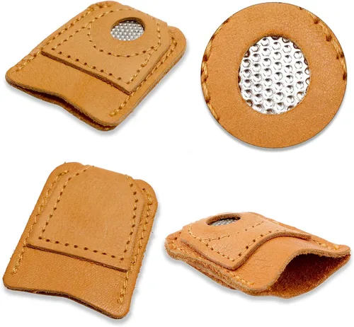 Vista 4 de WILLBOND 4 piezas de dedal de costura de cuero protector de dedo, dedal de moneda, protector de dedal, para tejer costura, agujas, accesorios