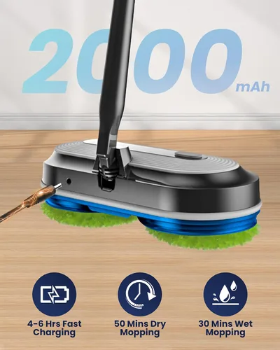 Vista 5 de Blonex Limpiador de piso inalámbrico eléctrico, trapeador eléctrico giratorio con faros LED y rociador de agua, batería de larga duración, tanque