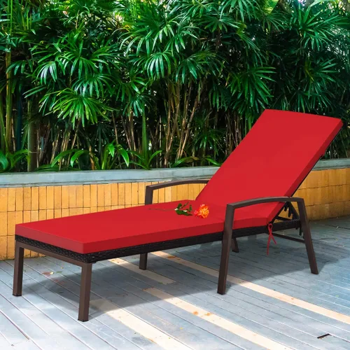 Vista 6 de RELAX4LIFE Tumbona para exteriores, silla de piscina de ratán ajustable de 5 posiciones con cojín, silla reclinable, marco de metal, tumbona de Rojo