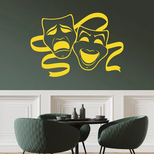 Vista 3 de Calcomanía de vinilo para pared de dos máscaras teatrales, arte de pared de teatro dramático y comedia, calcomanía de símbolo de artes escénicas