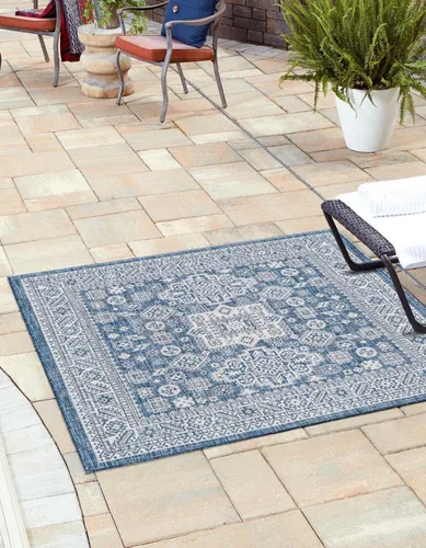 Vista 17 de Unique Loom Outdoor Aztec Collection Alfombra de área, Chalca (5 pies 3 pulgadas, octágono, aguamarina/marfil)