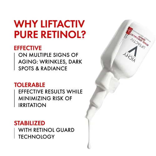 Vista 4 de Vichy LiftActiv - Suero de retinol puro para cara, suero facial antienvejecimiento para arrugas y líneas finas, 0.2% retinol + péptidos, resurge