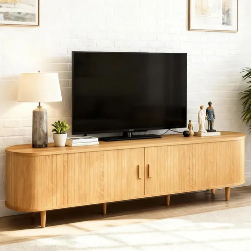Vista 14 de Soporte de TV moderno de mediados de siglo de 58 pulgadas, consolas de TV de madera con puertas correderas y toma de corriente, centro