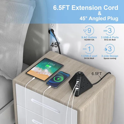 Vista 4 de NVEESHOX - Regleta de alimentación con protector de sobretensiones en torre, 9 salidas de CA con 4 puertos USB (1 USB C), enchufes triangulares de 3