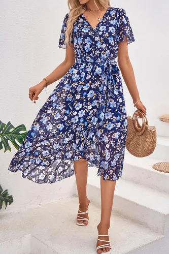 Vista 6 de PRETTYGARDEN - Vestido floral para mujer estilo bohemio, cruzado, con cuello en V, manga corta, con cinturón, dobladillo con volantes, acampanado