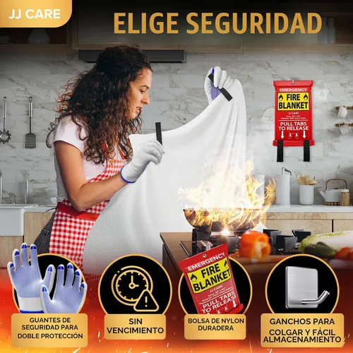 Vista 4 de JJ CARE Manta contra incendios – 2 paquetes con ganchos y guantes – Manta de emergencia contra incendios para el hogar y la cocina, mantas