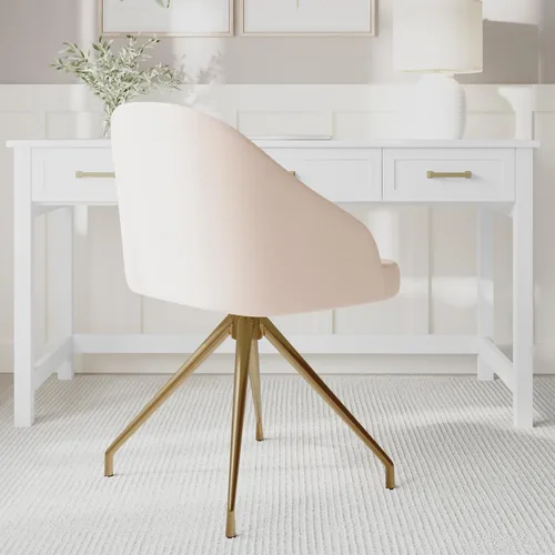 Vista 6 de Martha Stewart Sora Silla de Trabajo Giratoria Fija con Brazos Inclinados para Oficina en Casa en Tela Conch Shell con Marco de Latón Pulido