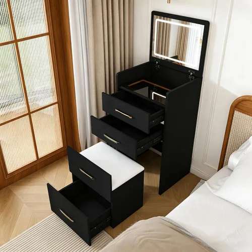 Vista 7 de Runboll 3 in 1 Small Vanity Desk with Open Top Mirror, Small Dressing Table with Visible Glass Desktop, Compact Makeup Vanity with 3 Drawers