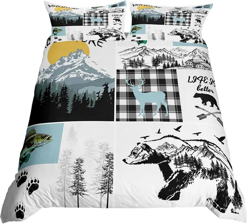 Vista 27 de Funda de edredón de cabaña marrón retro, juego de ropa de cama de retazos con diseño de oso del bosque, ciervos para cabaña rústica, funda de Multi