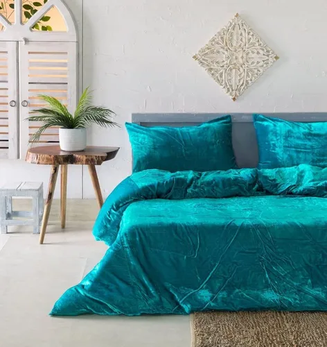 Vista 45 de Funda de edredón de terciopelo sólido ultra-luxe, ropa de cama boho UO, funda de colcha Donna, juego de edredón de 3 piezas, juego de cama de Aqua