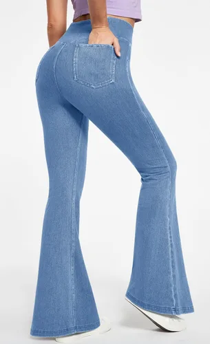 Vista 2 de IUGA Jeans de Cintura Alta Acampanados para Mujeres, Jeans Elásticos Acampanados Pull On de Pierna Ancha, Pantalones Leggings Acampanados con Cruz