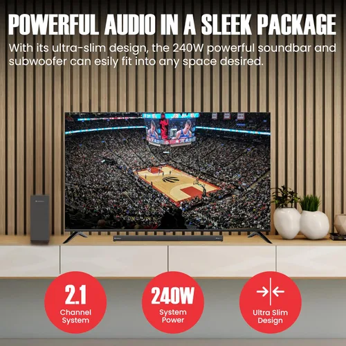 Vista 2 de Audiosource - Barra de sonido 2.1, subwoofer inalámbrico con Dolby Atmos, 120 W RMS y salida máxima de 240 W, diseño compacto, transmisión Bluetooth