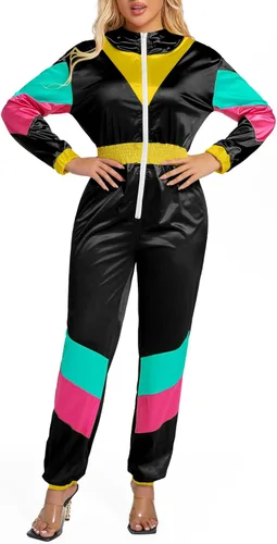 Vista 3 de Yisfri Traje retro de una pieza con bloques de color para mujer, traje retro de los años 80 con cintura elástica con capucha