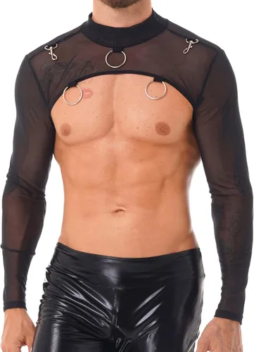 Vista 2 de YiZYiF Traje de malla para hombre, manga larga, media chaqueta, mangas huecas, bolero, motocicleta, punk