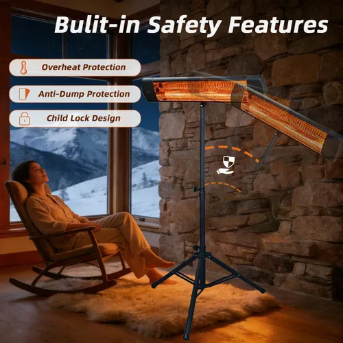 Vista 6 de Calentador eléctrico para exteriores de 1500 W para patio y garaje, calentador infrarrojo montado en la pared/de pie con control remoto, IP65