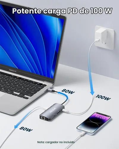 Vista 6 de ABLEWE USB C Hub Ethernet, Hub USB C multipuerto a HDMI, Adaptador USBC 8 en 1 de 4K@60Hz, 1000Mbps, PD de 100W, 3 puertos USB 3.0, estación